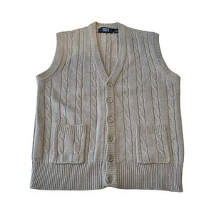 Vtg Womens Cable Knit V-Neck Sweater Vest Size L Tan Grandma Core